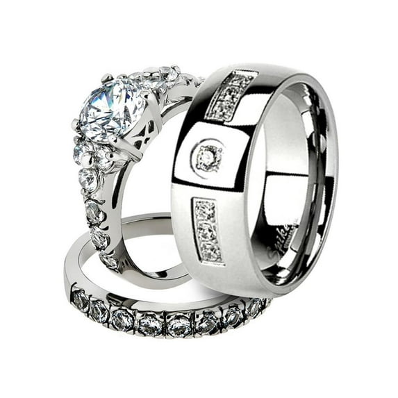 His and Her Stainless Steel 2.50 Ct Cz Bridal Ring Set and Men Zirconia Wedding Band Women's Size 06 Men's Size 11