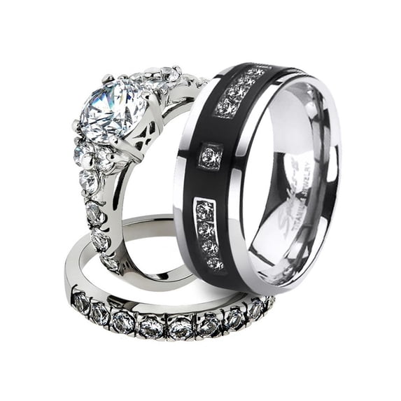 His and Her Stainless Steel 2.50 Ct Cz Bridal Set and Men's Titanium Wedding Band Women's Size 07 Men's Size 07