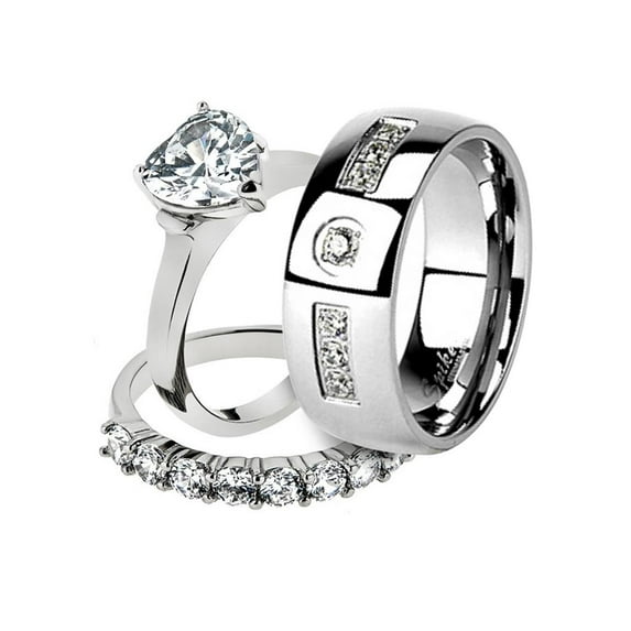 His and Her Stainless Steel 2.70 Ct Cz Bridal Ring Set and Men Zirconia Wedding Band Women's Size 07 Men's Size 12