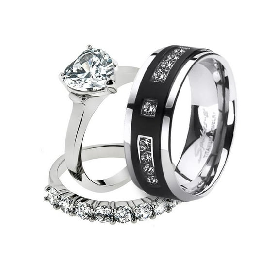 His and Her Stainless Steel 2.70 Ct Cz Bridal Set and Men's Titanium Wedding Band Women's Size 05 Men's Size 08