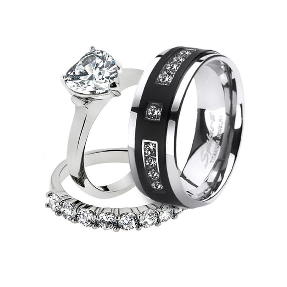 His and Her Stainless Steel 2.70 Ct Cz Bridal Set and Men's Titanium Wedding Band Women's Size 10 Men's Size 06