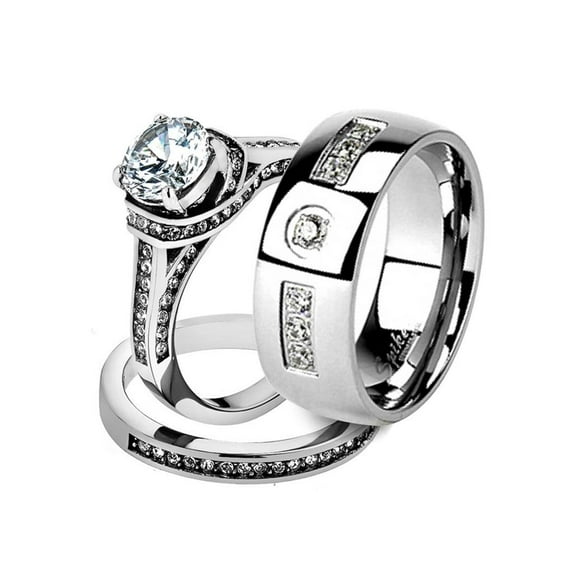 His and Her Stainless Steel 2.75 Ct Cz Bridal Ring Set and Men Zirconia Wedding Band Women's Size 07 Men's Size 05