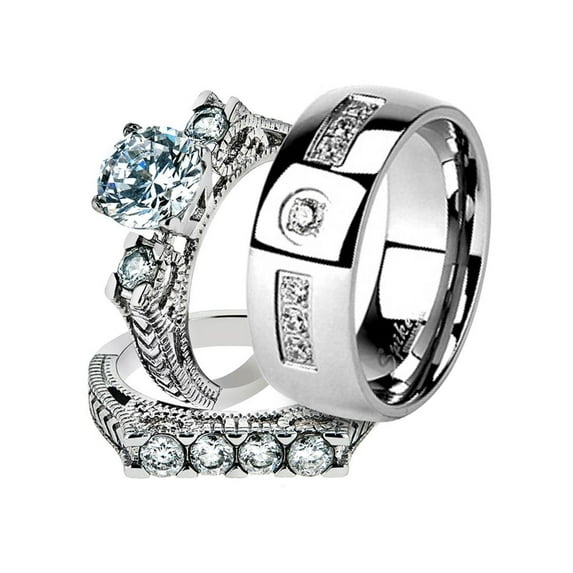 His and Her Stainless Steel 2.95 Ct Cz Bridal Ring Set and Men Zirconia Wedding Band Women's Size 10 Men's Size 07