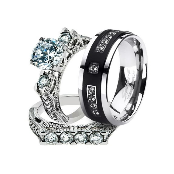 His and Her Stainless Steel 2.95 Ct Cz Bridal Set and Men's Titanium Wedding Band Women's Size 09 Men's Size 13