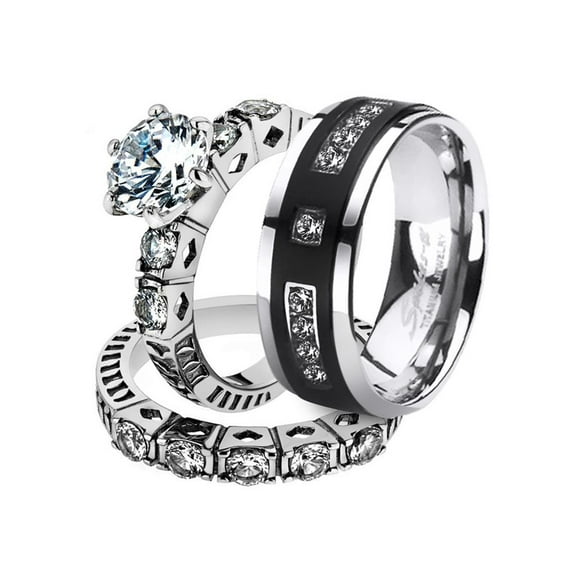 His and Her Stainless Steel 3.10 Ct Cz Bridal Set and Men's Titanium Wedding Band Women's Size 10 Men's Size 11