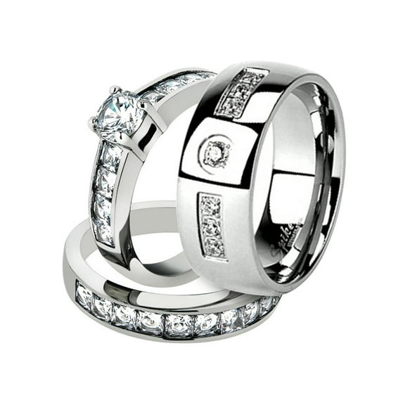 His and Her Stainless Steel 3.25 Ct Cz Bridal Ring Set and Men Zirconia Wedding Band Women's Size 06 Men's Size 10