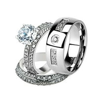 His and Her Stainless Steel 3.25 Ct Cz Bridal Ring Set and Men Zirconia Wedding Band Women's Size 10 Men's Size 06