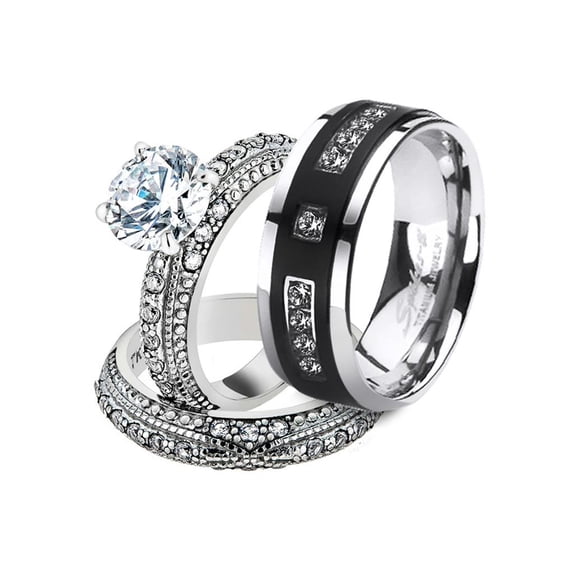 His and Her Stainless Steel 3.25 Ct Cz Bridal Set and Men's Titanium Wedding Band Women's Size 09 Men's Size 05