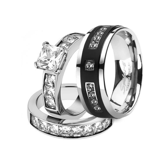 His and Her Stainless Steel 3.75 Ct Cz Bridal Set and Men's Titanium Wedding Band Women's Size 09 Men's Size 08