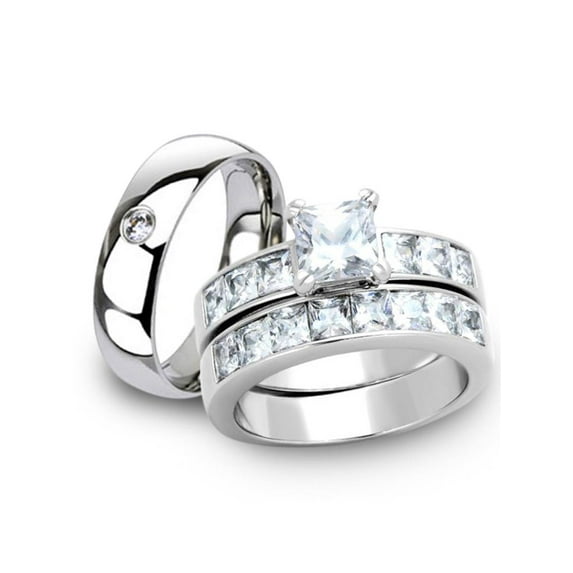 His and Her Stainless Steel 3pc Princess Wedding Ring Set and Men's Classic Band Women's Size 07 Men's 04mm Size 06