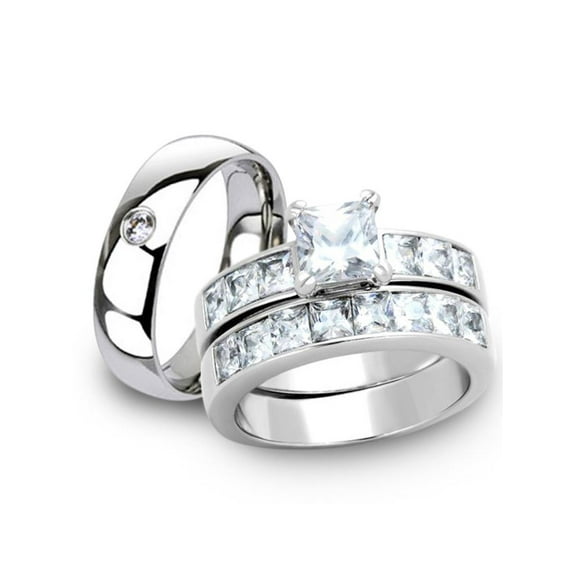 His and Her Stainless Steel 3pc Princess Wedding Ring Set and Men's Classic Band Women's Size 10 Men's 06mm Size 13