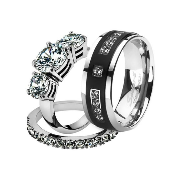 His and Her Stainless Steel 4.17 Ct Cz Bridal Set and Men's Titanium Wedding Band Women's Size 08 Men's Size 13