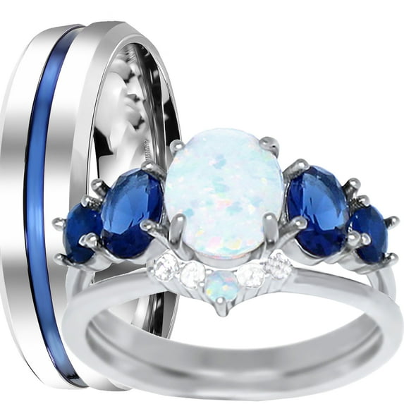 LaRaso & Co His and Her Wedding Ring Set TRIO Opal Blue Sapphire CZ Couples Rings for Men Women 10/12