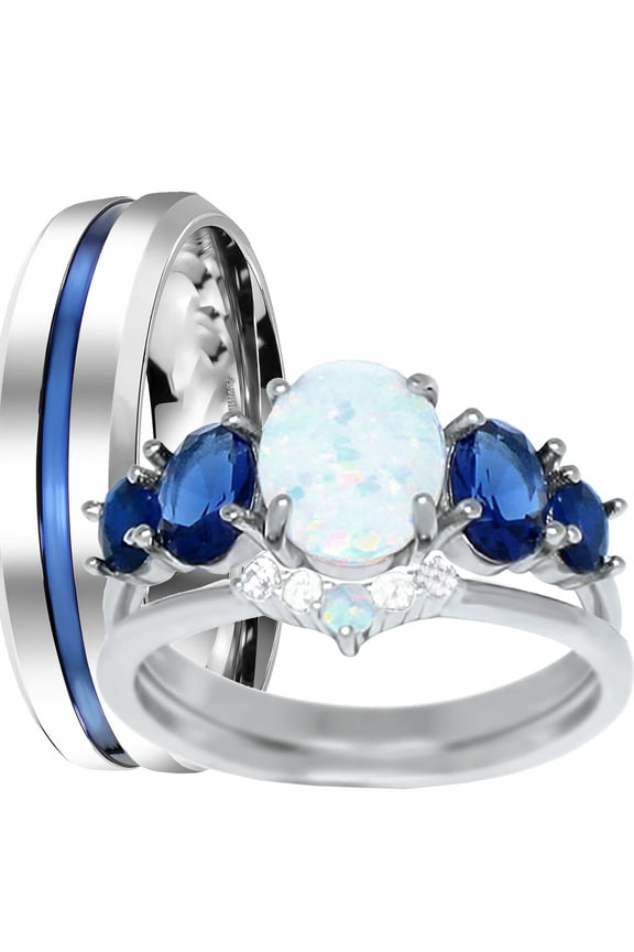 His and Her Wedding Ring Set TRIO Opal Blue Sapphire CZ Couples Rings for Men Women 7/9