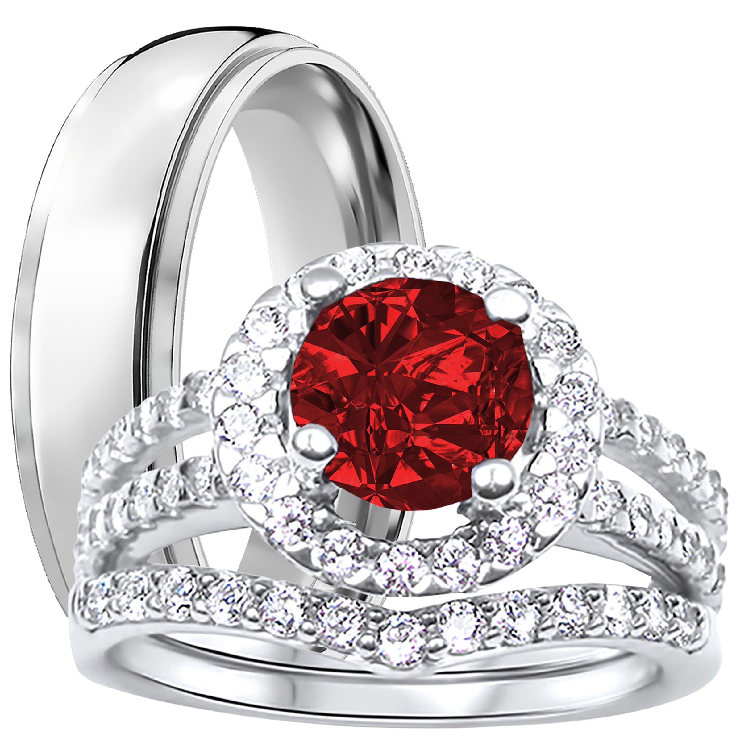 His and Her Wedding Rings, Ruby Red CZ Silver Titanium Wedding Engagement Couples Rings Set 7/11