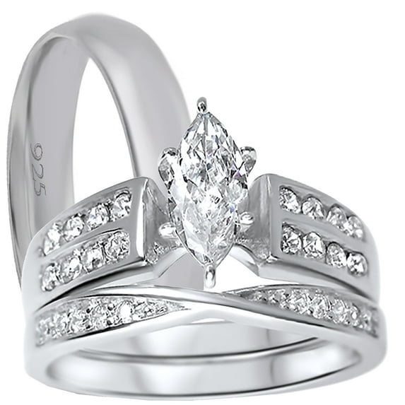 His and Her Wedding Rings Set Sterling Silver Wedding Bands for Him and Her (8/7)