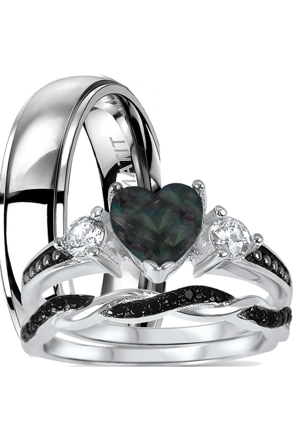 His and Hers 3 Piece TRIO Sterling Silver Black Wedding Band Engagement Ring Set 10/10