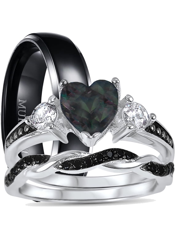 His and Hers 3 Piece TRIO Sterling Silver Black Wedding Band Engagement Ring Set 10/8