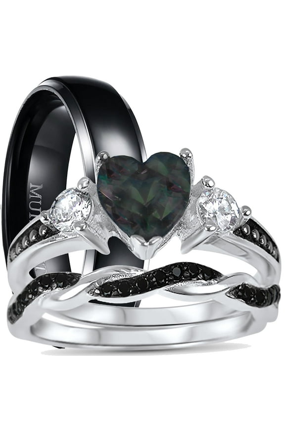 His and Hers 3 Piece TRIO Sterling Silver Black Wedding Band Engagement Ring Set 10/8