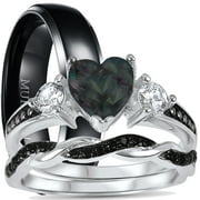LARASO & CO His and Hers 3 Piece TRIO Sterling Silver Black Wedding Band Engagement Ring Set 11/7