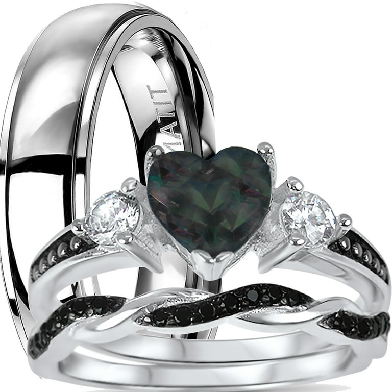 His and Hers Wedding Rings Set Sterling Silver Black Wedding Band for Him  Her 12/8 