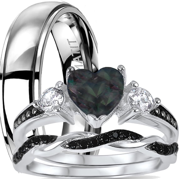 His and Hers 3 Piece TRIO Sterling Silver Black Wedding Band Engagement Ring Set 12/7