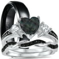 thumbnail image 1 of His and Hers 3 Piece TRIO Sterling Silver Black Wedding Band Engagement Ring Set 12/7, 1 of 6