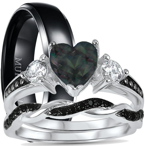 His and Hers 3 Piece TRIO Sterling Silver Black Wedding Band Engagement Ring Set 13/8