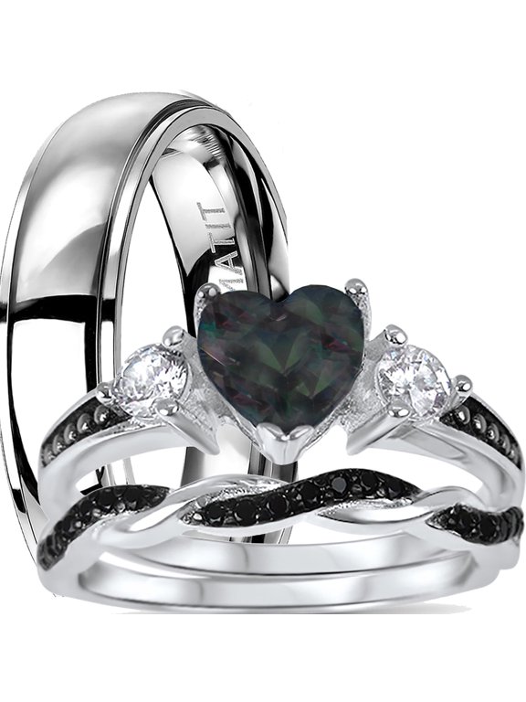 His and Hers 3 Piece TRIO Sterling Silver Black Wedding Band Engagement Ring Set 9/11