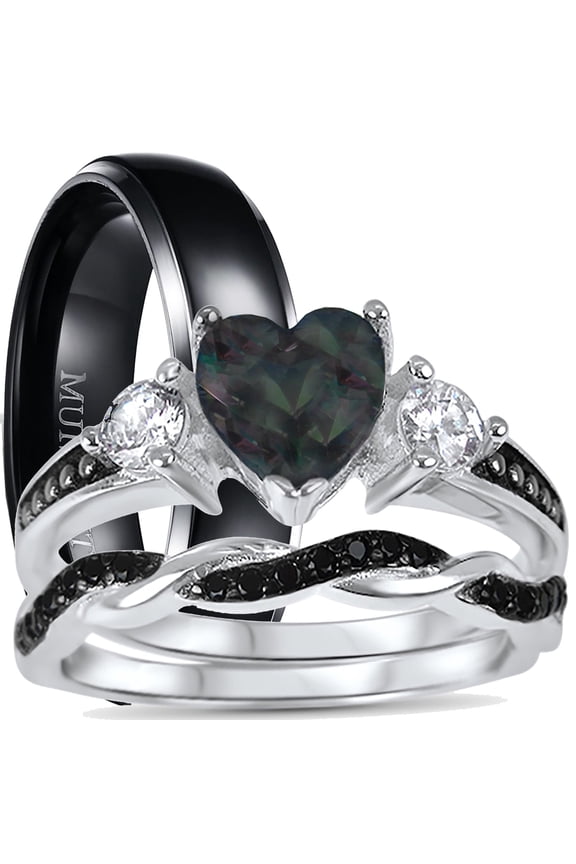 His and Hers 3 Piece TRIO Sterling Silver Black Wedding Band Engagement Ring Set 9/6