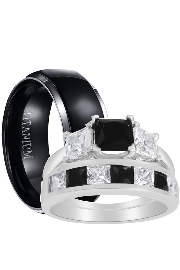 His and Hers 3 Piece Trio Sterling Silver Black Titanium Wedding Band Engagement Ring Set 10/6