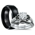 thumbnail image 1 of His and Hers 3 Piece Trio Sterling Silver Black Titanium Wedding Band Engagement Ring Set 11/10, 1 of 6