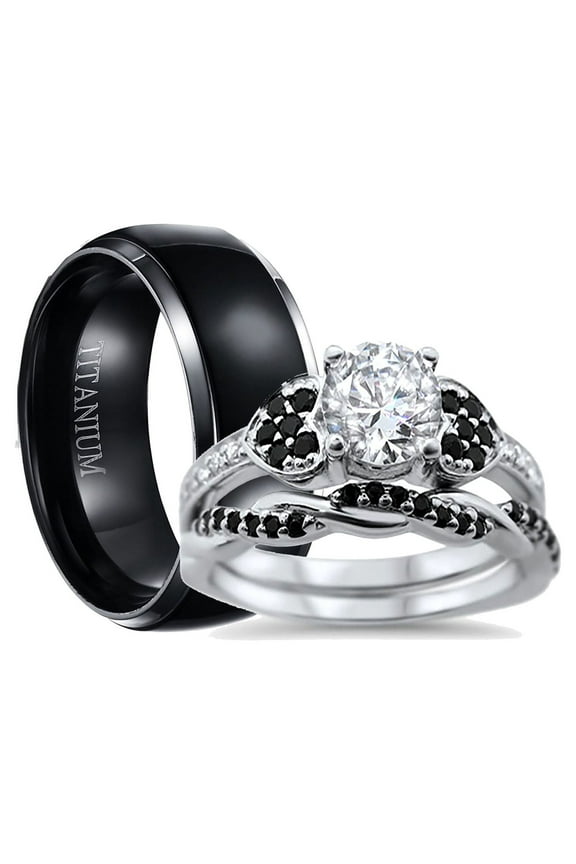 His and Hers 3 Piece Trio Sterling Silver Black Titanium Wedding Band Engagement Ring Set 11/10