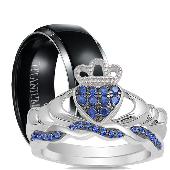 His and Hers 3 Piece Trio Sterling Silver Black Titanium Wedding Band Engagement Ring Set 11/7