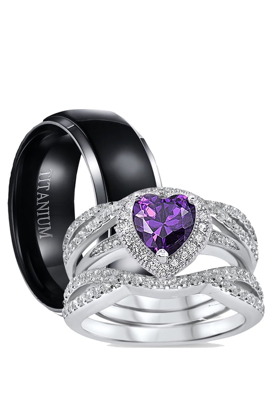 His and Hers 3 Piece Trio Sterling Silver Black Titanium Wedding Band Engagement Ring Set 11/8