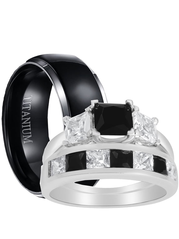 His and Hers 3 Piece Trio Sterling Silver Black Titanium Wedding Band Engagement Ring Set 11/9