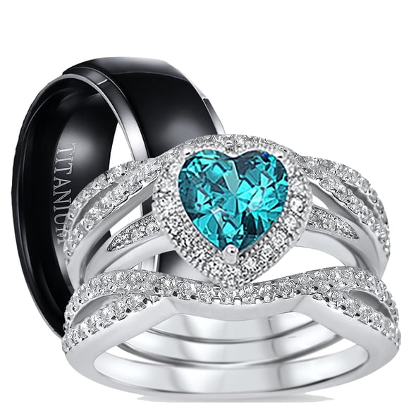 His and Hers 3 Piece Trio Sterling Silver Black Titanium Wedding Band Engagement Ring Set 11/9