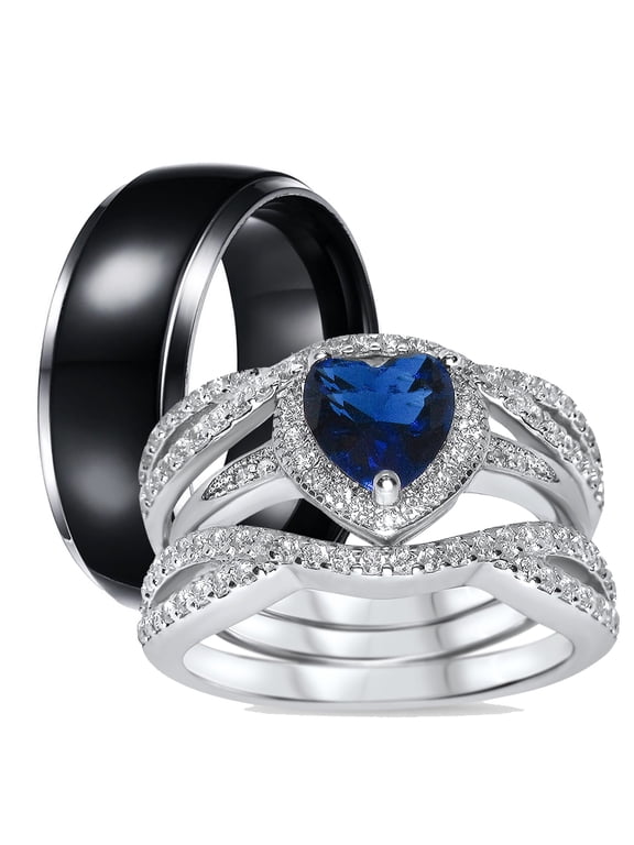 His and Hers 3 Piece Trio Sterling Silver Black Titanium Wedding Band Engagement Ring Set 12/5