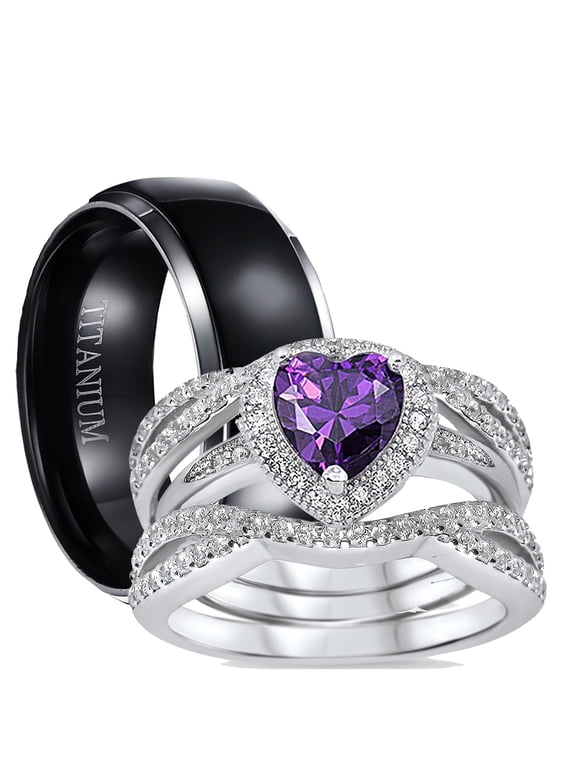 His and Hers 3 Piece Trio Sterling Silver Black Titanium Wedding Band Engagement Ring Set 12/5