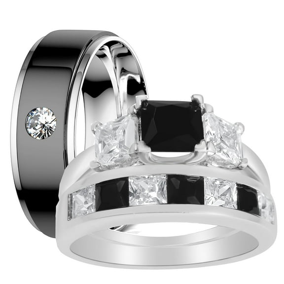 His and Hers 3 Piece Trio Sterling Silver Black Titanium Wedding Band Engagement Ring Set 12/6