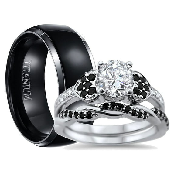 His and Hers 3 Piece Trio Sterling Silver Black Titanium Wedding Band Engagement Ring Set 12/9