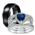 thumbnail image 1 of His and Hers 3 Piece Trio Sterling Silver Black Titanium Wedding Band Engagement Ring Set 13/6, 1 of 9