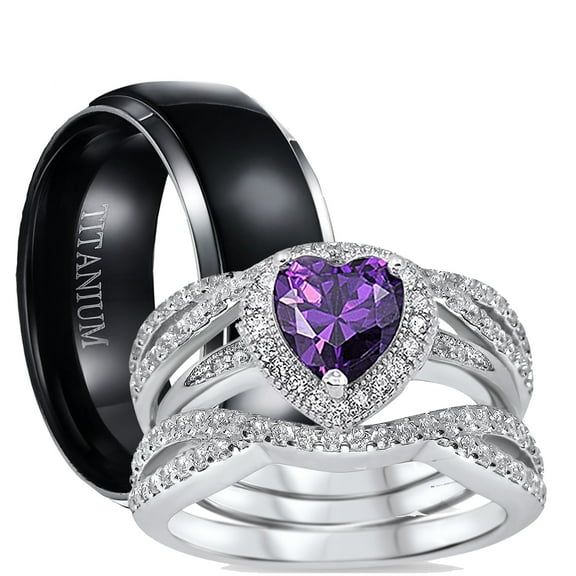 His and Hers 3 Piece Trio Sterling Silver Black Titanium Wedding Band Engagement Ring Set 13/6