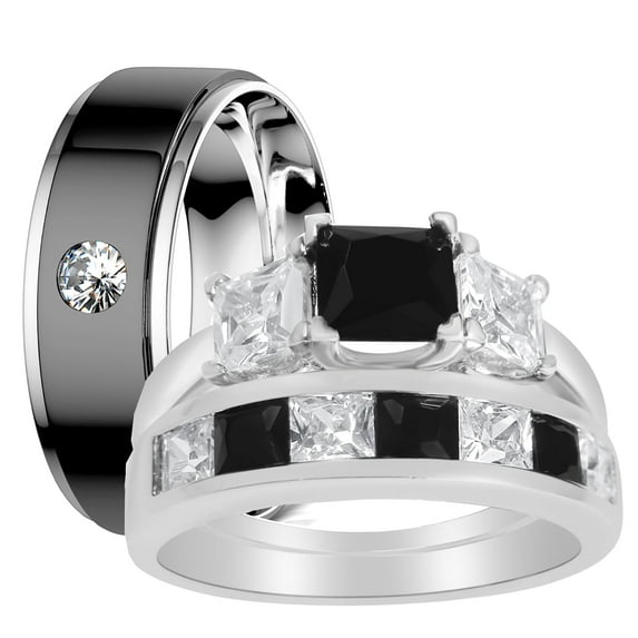 His and Hers 3 Piece Trio Sterling Silver Black Titanium Wedding Band Engagement Ring Set 13/7