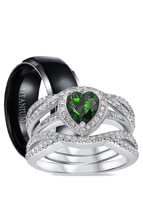 His and Hers 3 Piece Trio Sterling Silver Black Titanium Wedding Band Engagement Ring Set 6/7