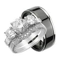 thumbnail image 1 of His and Hers 3 Piece Trio Sterling Silver Black Titanium Wedding Band Engagement Ring Set 8/12, 1 of 7