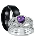thumbnail image 1 of His and Hers 3 Piece Trio Sterling Silver Black Titanium Wedding Band Engagement Ring Set 8/5, 1 of 9