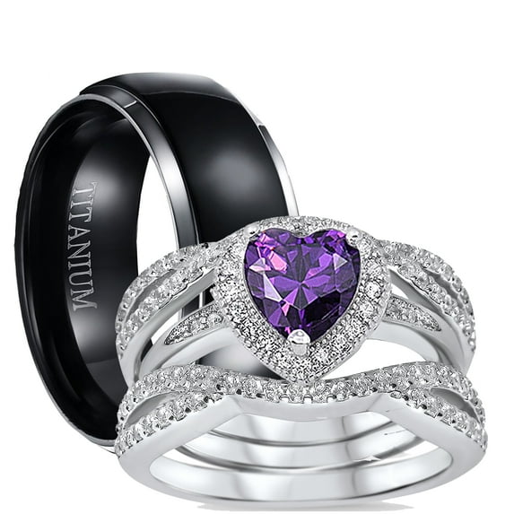 His and Hers 3 Piece Trio Sterling Silver Black Titanium Wedding Band Engagement Ring Set 8/5