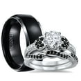 thumbnail image 1 of His and Hers 3 Piece Trio Sterling Silver Black Titanium Wedding Band Engagement Ring Set 8/8, 1 of 6