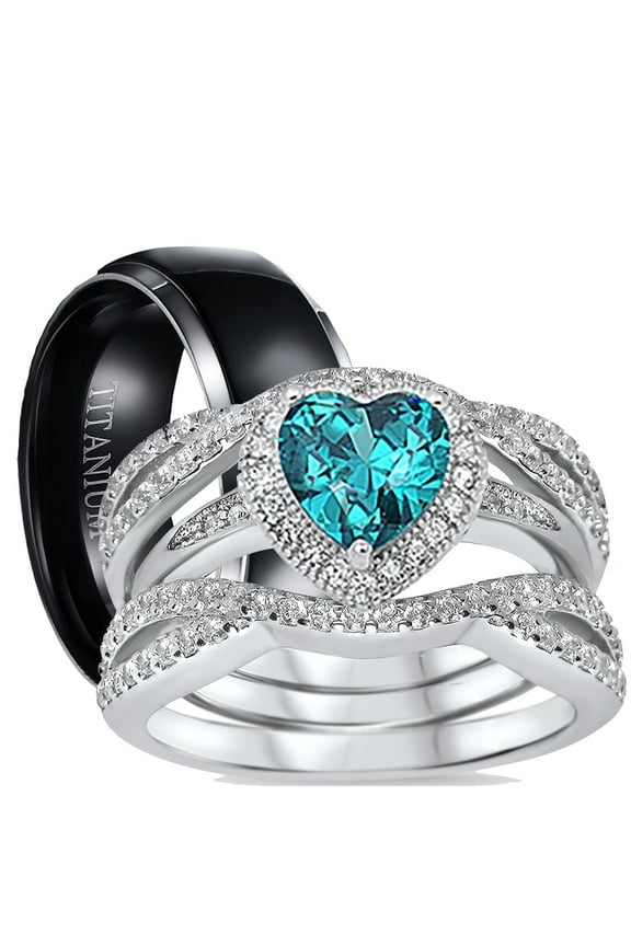 His and Hers 3 Piece Trio Sterling Silver Black Titanium Wedding Band Engagement Ring Set 8/8